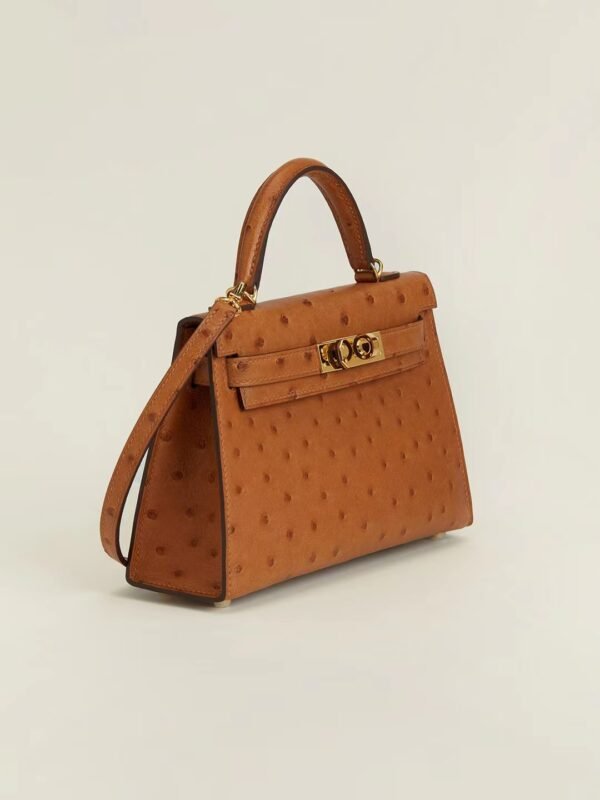 GPC Mode mini kelly Ostrich Leather Golden brown Gold Hardware 19cm Full Handmade