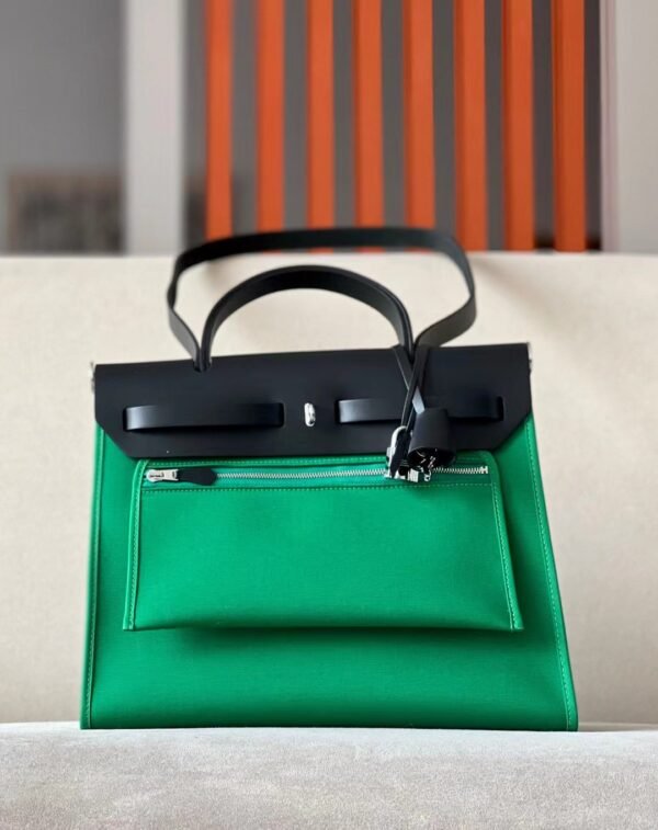 bd8ffe057d7a9d4 Hermes Herbag Barenia & Canvas 1K Bamboo green & CK89 Black Silver Hardware 31cm Full Handmade