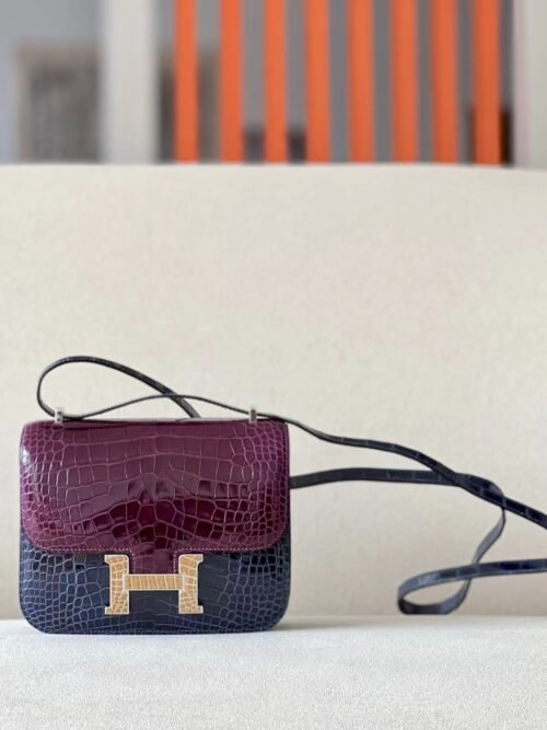 Hermes Constance Shiny Alligator Silver M3 ink blue & N5 Dark purple & 1i Sandy color crocodile buckle 18cm Full Handmade