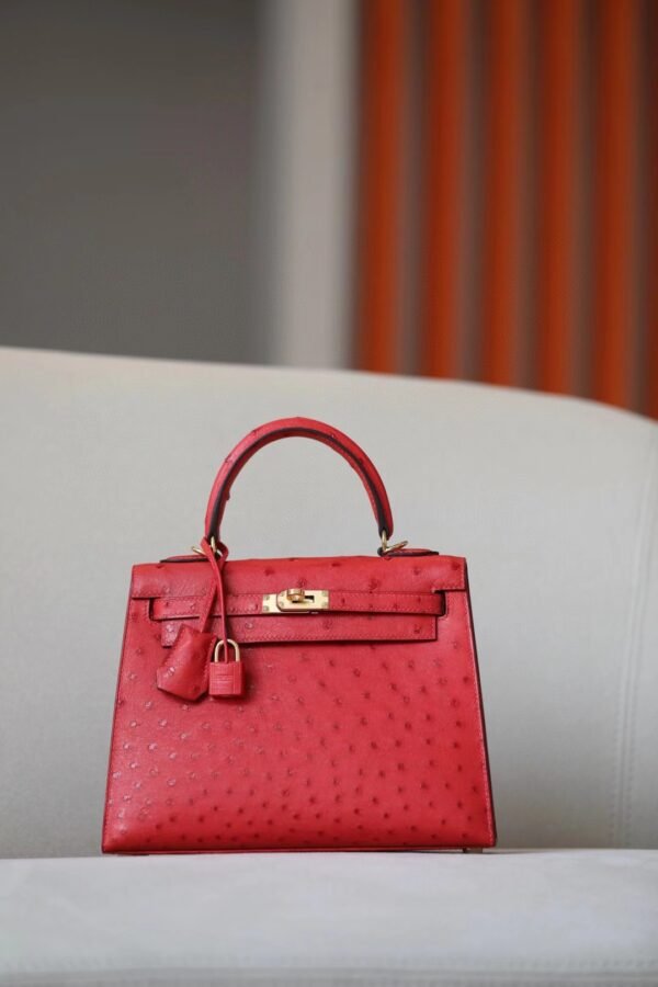 Hermès Kelly Ostrich CK95 Ferrari red Gold Hardware 25cm Full Handmade