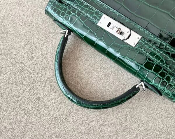 Hermes Mini Kelly Shiny Alligator crocodile 67 Dark green Silver Hardware 19cm Full Handmade