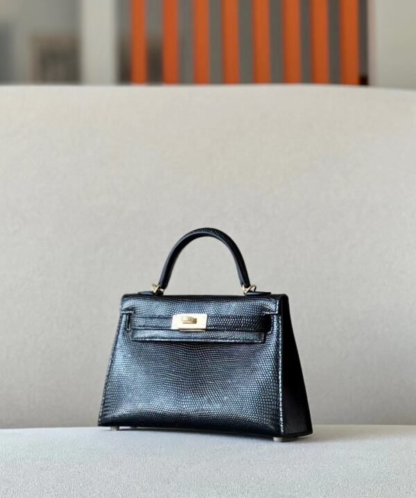 Hermès mini Kelly Lizard CK89 Black Gold Hardware 19cm Full Handmade