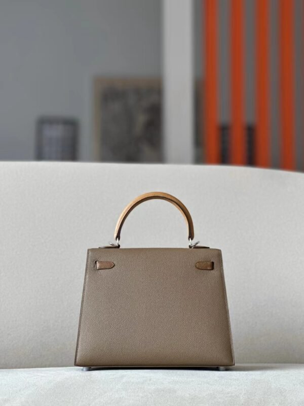 Hermes Kelly Epsom 18 Etoupe Grey & 3G chestnut & 4B Khaki Silver Hardware 25cm Full Handmade