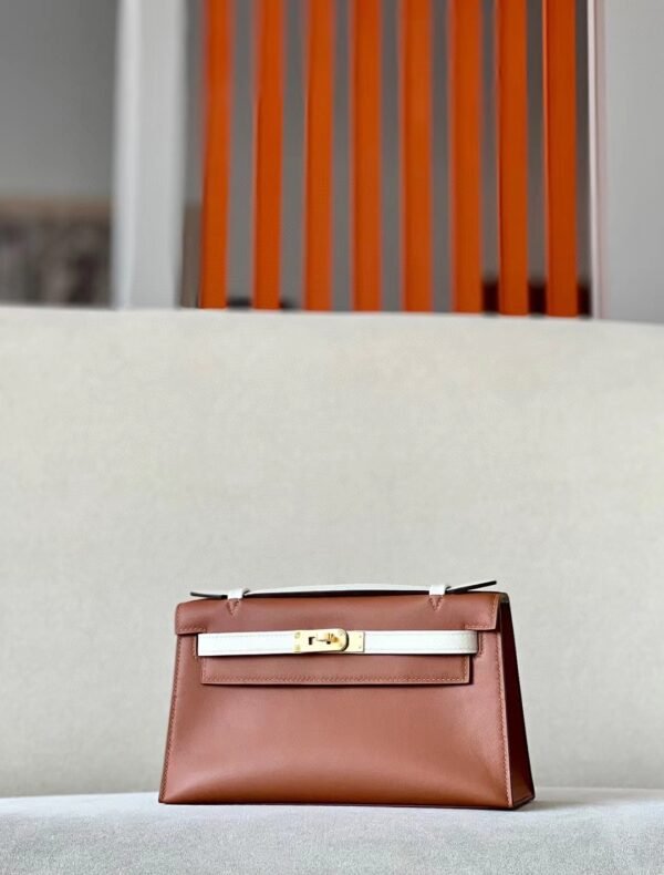 Hermès mini Kelly pochette swift CK37 Golden Brown & CC10 Creamy White Gold Hardware 22cm Full Handmade
