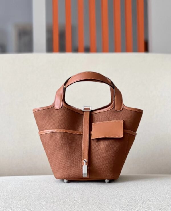 c22cbbfcbdaf478 Hermes Picotin Canvas & Swift CK37 Golden Brown Silver Hardware 18cm Full Handmade