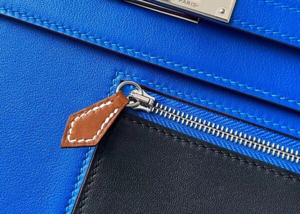 Hermes Kelly Depeches Swift T7 Blue & CK89 Black & CK37 Golden Brown Silver Hardware 25cm Full Handmade