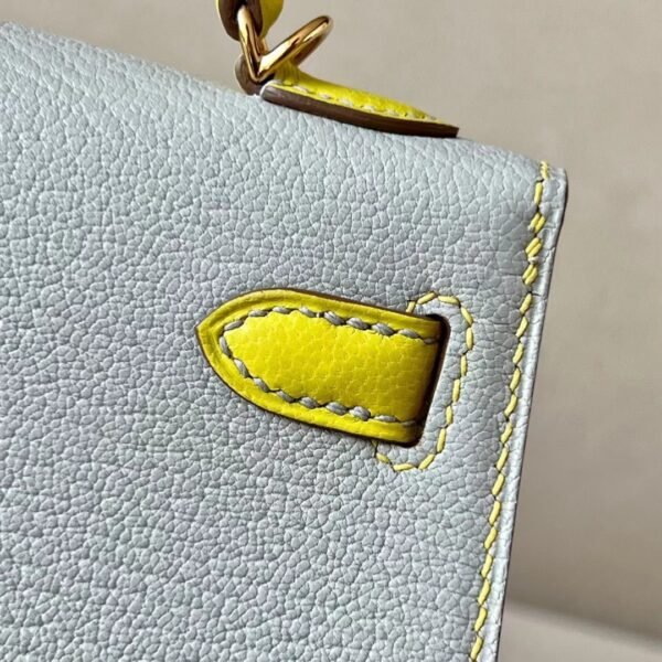 Hermès mini Kelly Chevre 80 Pearl grey & 9R Lemon yellow Gold Hardware 19cm Full Handmade