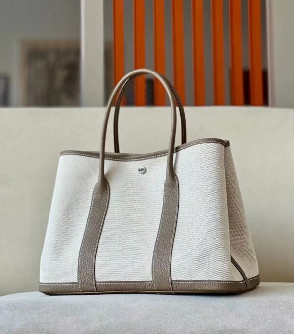 Hermes Garden Party TC Leather & Canvas Creamy White & Etoupe Silver Hardware 36cm Full Handmade