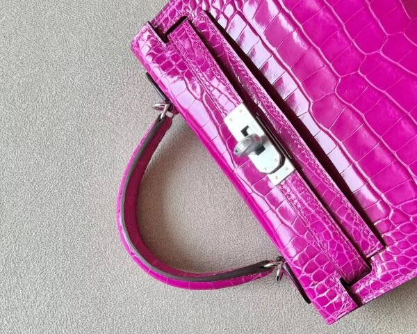 Hermes mini Kelly Shiny Wild Alligator crocodile Deep Rose Purple Silver Hardware 19cm Full Handmade