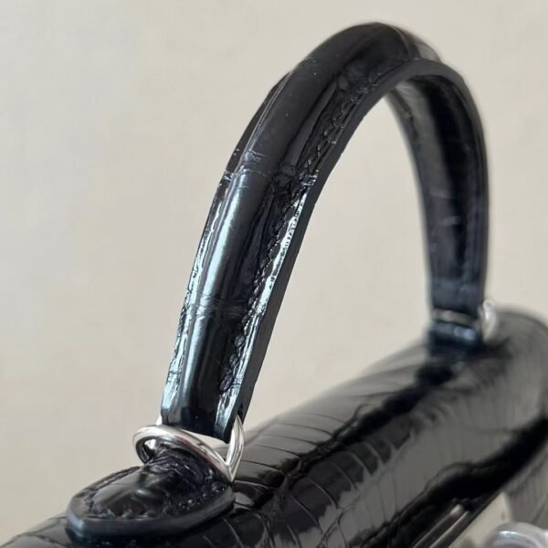 Hermes mini Kelly Shiny Wild Alligator crocodile CK89 Black Silver Hardware 19cm Full Handmade