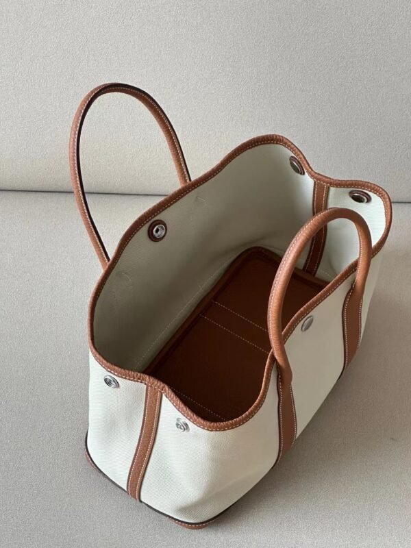 Hermès Garden party Ne Leather & Canvas Light Grey & CK37 Golden Brown Silver Hardware 30cm Full Handmade