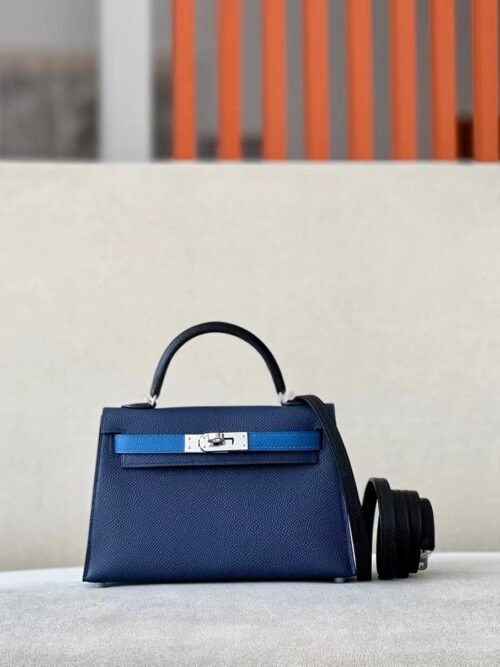 Hermes mini Kelly Epsom 73 Gem Blue & 71 Bright Blue & CK89 Black Silver Hardware 19cm Full Handmade