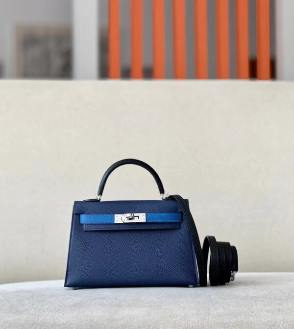 Hermes mini Kelly Epsom 73 Gem Blue & 71 Bright Blue & CK89 Black Silver Hardware 19cm Full Handmade