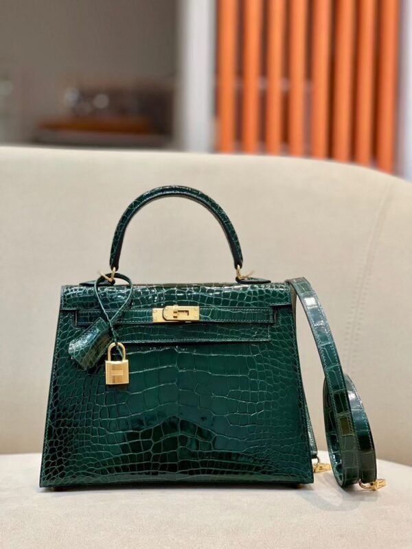 Hermes Kelly Shiny Alligator crocodile CK67 Deep Green Gold Hardware 25cm Full Handmade