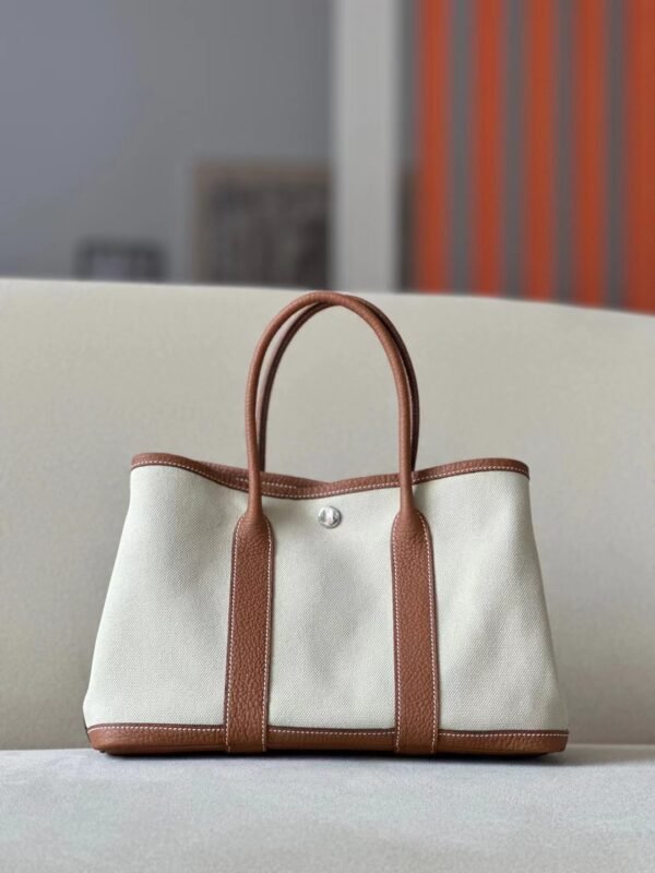 Hermès Garden party Ne Leather & Canvas Light Grey & CK37 Golden Brown Silver Hardware 30cm Full Handmade
