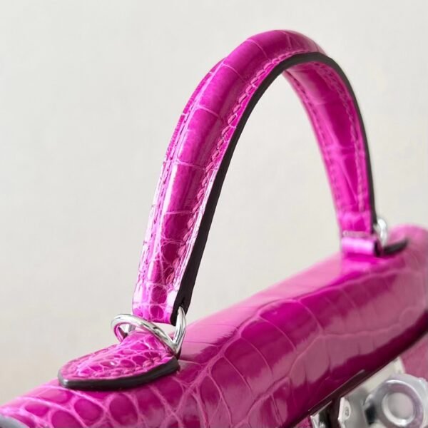 Hermes mini Kelly Shiny Wild Alligator crocodile Deep Rose Purple Silver Hardware 19cm Full Handmade
