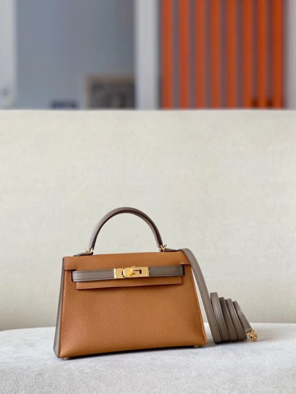 Hermes Mini Kelly Epsom CK37 Golden Brown & CK18 Etoupe Grey Gold Hardware 19cm Full Handmade