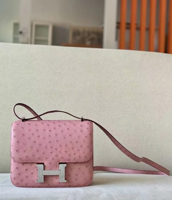 Hermes Constance South Africa Ostrich 94 ceramic pink Silver Hardware 18cm Full Handmade