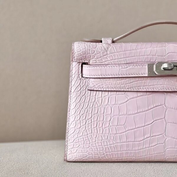 Hermes mini Kelly pochette Alligator 09 Light Purple Pink Silver Hardware 22cm Full Handmade
