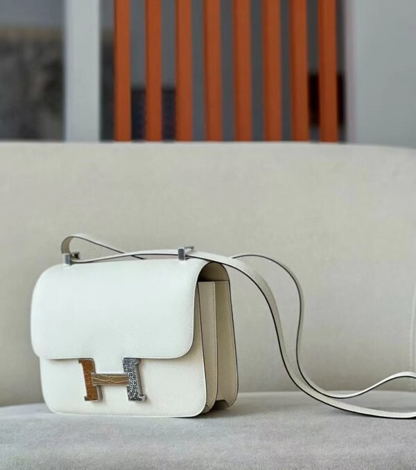 ce1e3ba0d24767e Hermes Constance Epsom i2 Creamy white Lizard & crocodile buckle Silver Hardware 23cm Full Handmade