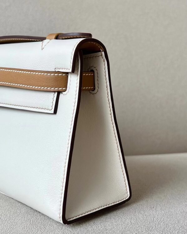 Hermes mini Kelly pochette Swift CC10 Creamy White & 4B Khaki Silver Hardware 22cm Full Handmade