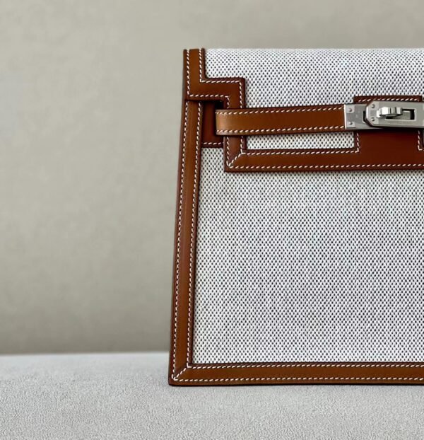 Hermes Kelly dance Barenia & canvas Golden Brown Silver Hardware 22cm Full Handmade