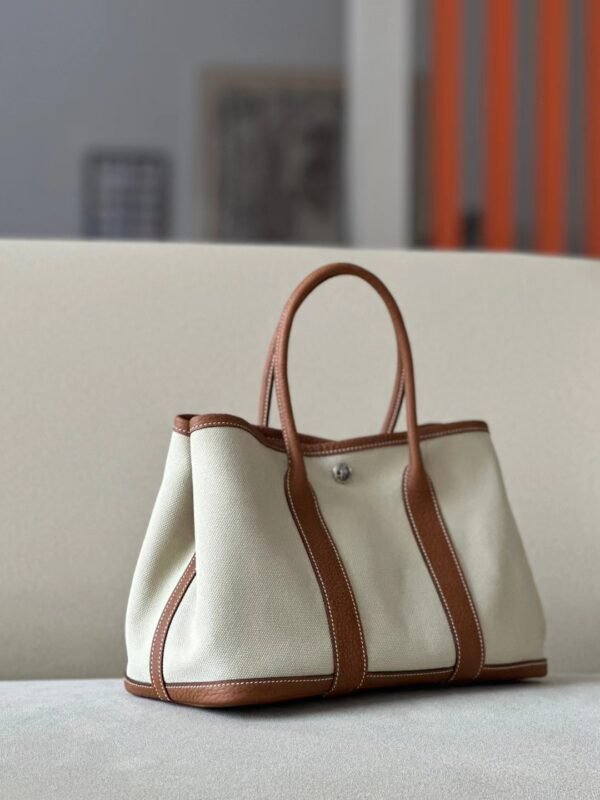 Hermès Garden party Ne Leather & Canvas Light Grey & CK37 Golden Brown Silver Hardware 30cm Full Handmade