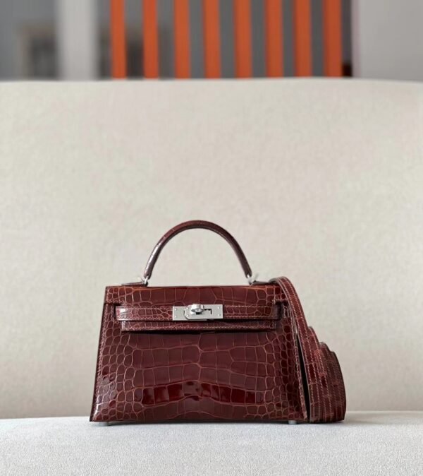 Hermes Mini Kelly Shiny Alligator crocodile Reddish Brown Silver Hardware 19cm Full Handmade