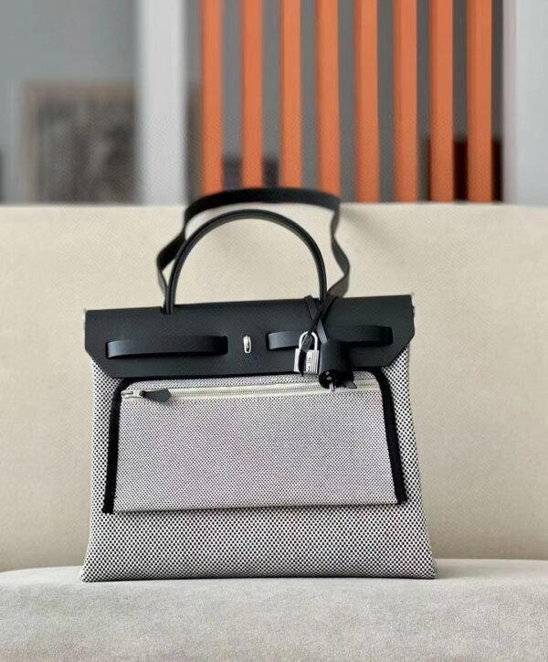 Hermes Herbag Barenia & Canvas Black and white Silver Hardware 31cm Full Handmade