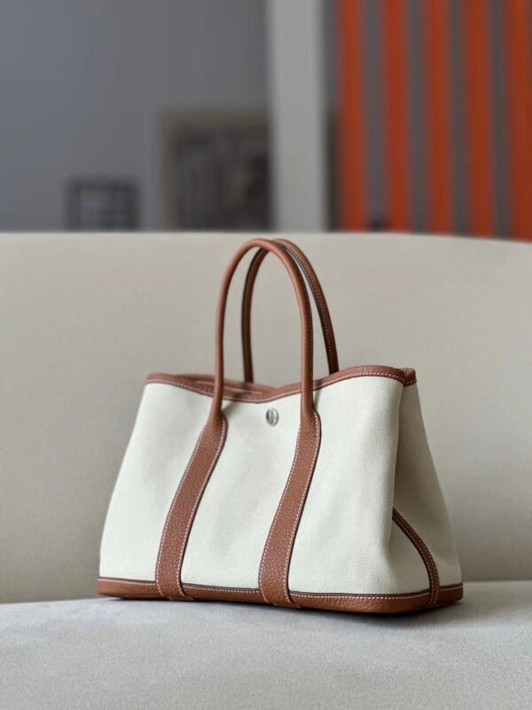Hermès Garden party Ne Leather & Canvas Light Grey & CK37 Golden Brown Silver Hardware 30cm Full Handmade