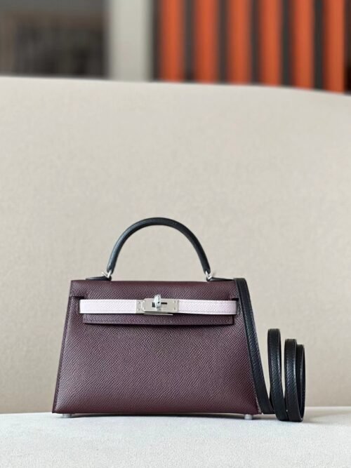 Hermes Mini Kelly Epsom 0G Reddish brown & CK89 Black & 09 Light Purple & 55 Bordeaux red Silver Hardware 19cm Full Handmade