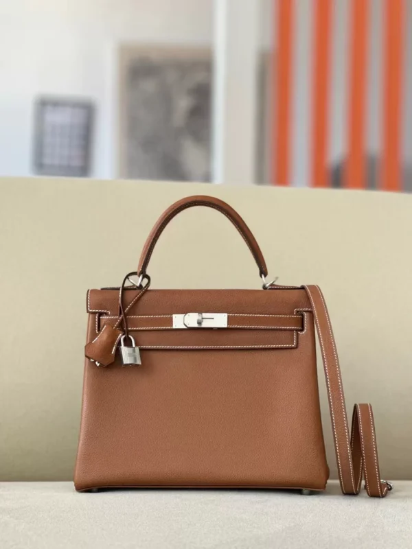 Hermès Kelly Barenia CK37 Golden Brown Silver Hardware 28cm Full Handmade