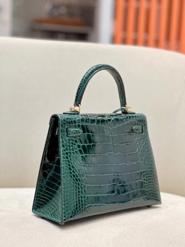 Hermes Kelly Shiny Alligator crocodile CK67 Deep Green Gold Hardware 25cm Full Handmade