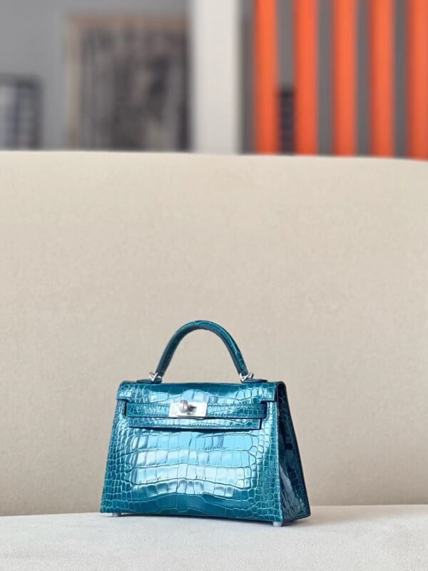 Hermes Mini Kelly Shiny Alligator crocodile WO Blue Green Silver Hardware 19cm Full Handmade