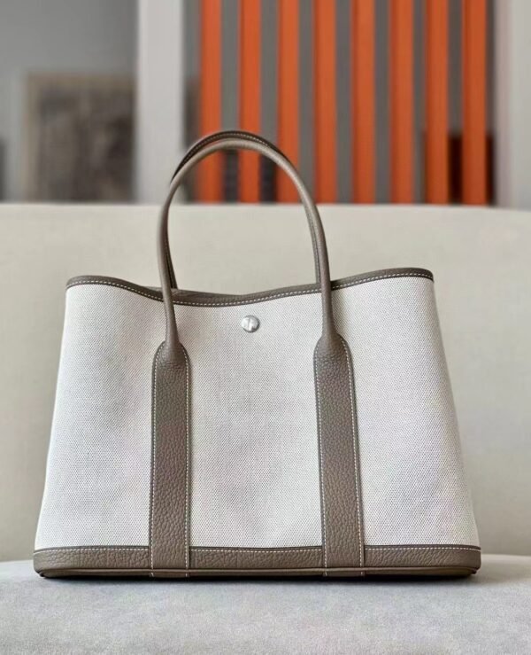 Hermes Garden Party TC Leather & Canvas Creamy White & Etoupe Silver Hardware 36cm Full Handmade