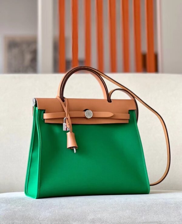 d6625604e346485-1 Hermes Herbag Barenia & Canvas 1K Bamboo green & Light Coffee Silver Hardware 31cm Full Handmade