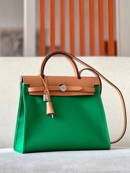Hermes Herbag Barenia & Canvas 1K Bamboo green & Light Coffee Silver Hardware 31cm Full Handmade