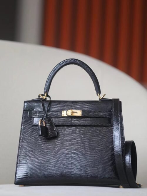 Hermes Kelly Wild Lizard Black Gold Hardware 25cm Full Handmade