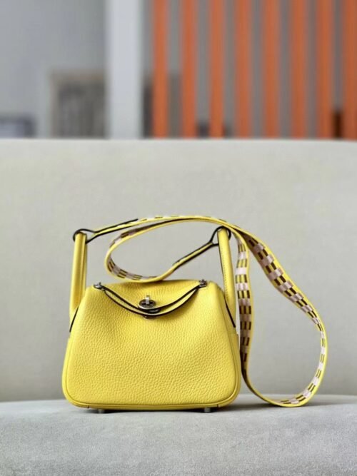 Hermes Mini Lindy clemence 9R Lemon yellow Colorful shoulder strap Silver Hardware 19cm Full Handmade