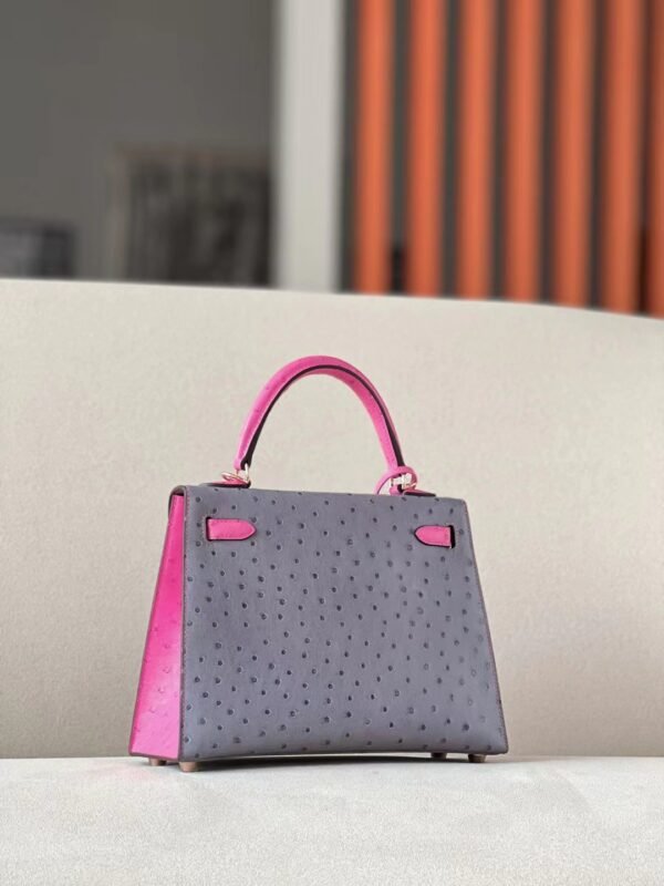 Hermes Kelly Ostrich 82 Agate grey & E5 Candy Pink Rose Gold Hardware 25cm Full Handmade