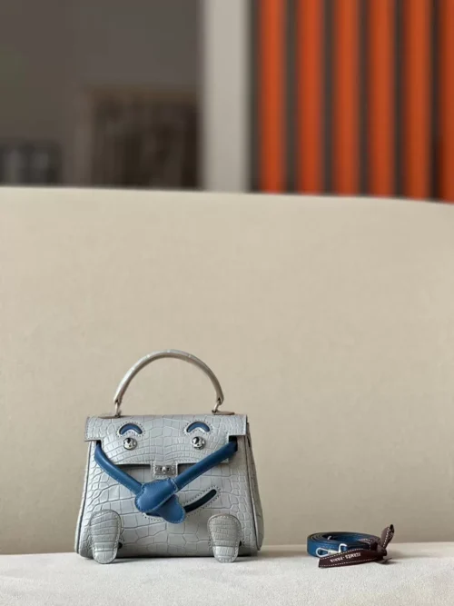 Hermès Kelly Doll Swift & Matte Alligator 80 Pearl Grey & S4 Deep Blue Silver Hardware 16cm Full Handmade
