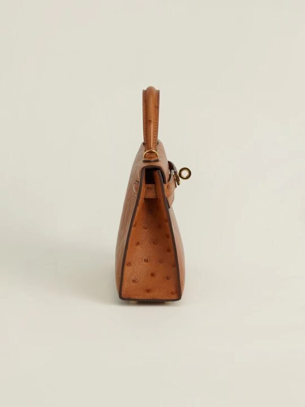 GPC Mode mini kelly Ostrich Leather Golden brown Gold Hardware 19cm Full Handmade