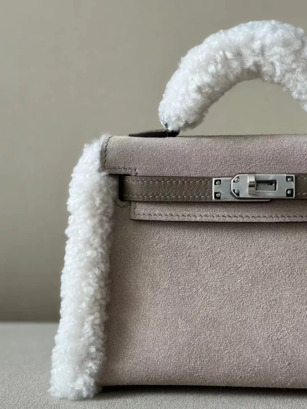GPC Mode Mini Kelly chamois & swift & Lamb wool CK18 Etoupe Grey Silver Hardware 19cm Full Handmade