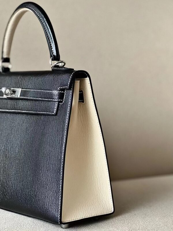 Hermes Kelly Chevre CK89 Black & Creamy White Silver Hardware 25cm Full Handmade