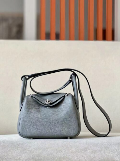 Hermes Mini Lindy clemence OL Gris meyer Silver Hardware 19cm Full Handmade
