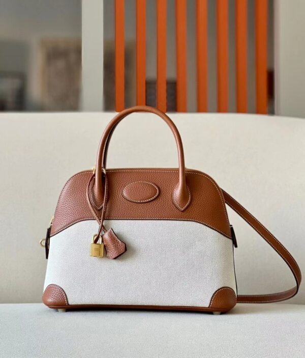 Hermes Bolide Swift & Canvas Golden Brown & White Gold Hardware 31cm Full Handmade