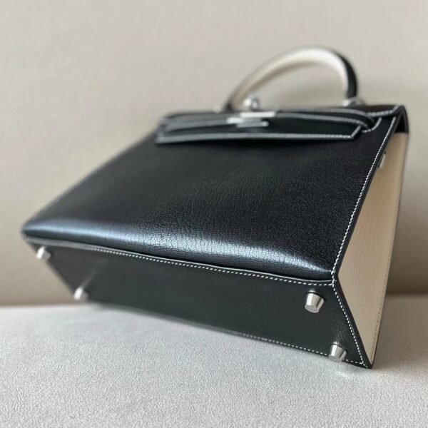 Hermes Kelly Chevre CK89 Black & Creamy White Silver Hardware 25cm Full Handmade
