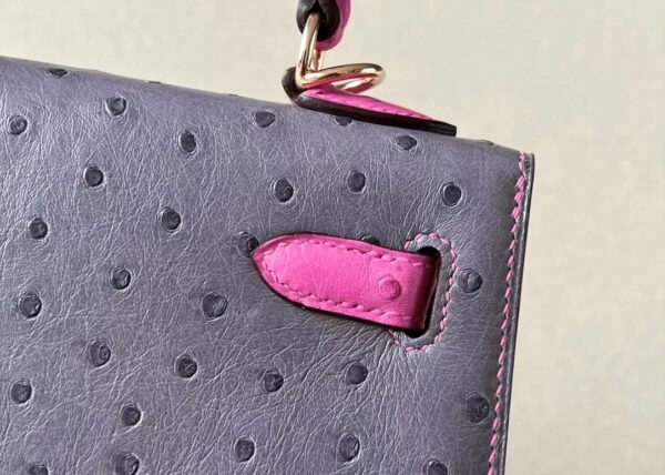 Hermes Kelly Ostrich 82 Agate grey & E5 Candy Pink Rose Gold Hardware 25cm Full Handmade