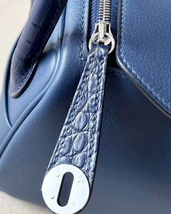Hermes Mini Lindy Swift & crocodile 73 Gem Blue Silver Hardware 19cm Full Handmade
