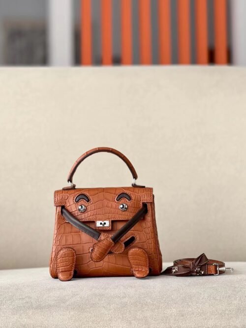 Hermes Kelly doll Matte Alligator & Swift Brown Silver Hardware 16cm Full Handmade
